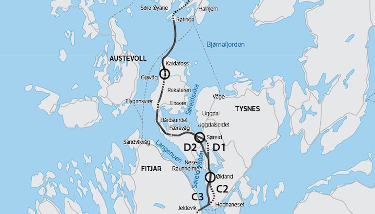 Oversiktskart - 55 km ny E39 mellom Stord og Os