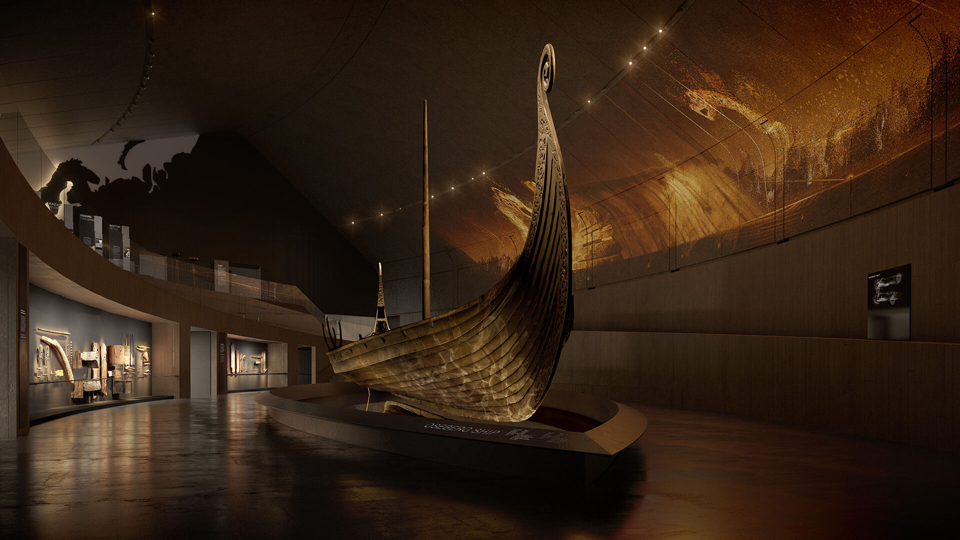 Illustrasjon av Osebergskipet i det nye Vikingtidsmuseet. Se i stort format.

Foto: Vikingtidsmuseet, AART Architects og Ralph Appelbaum Associates & Tamschick Media+Space